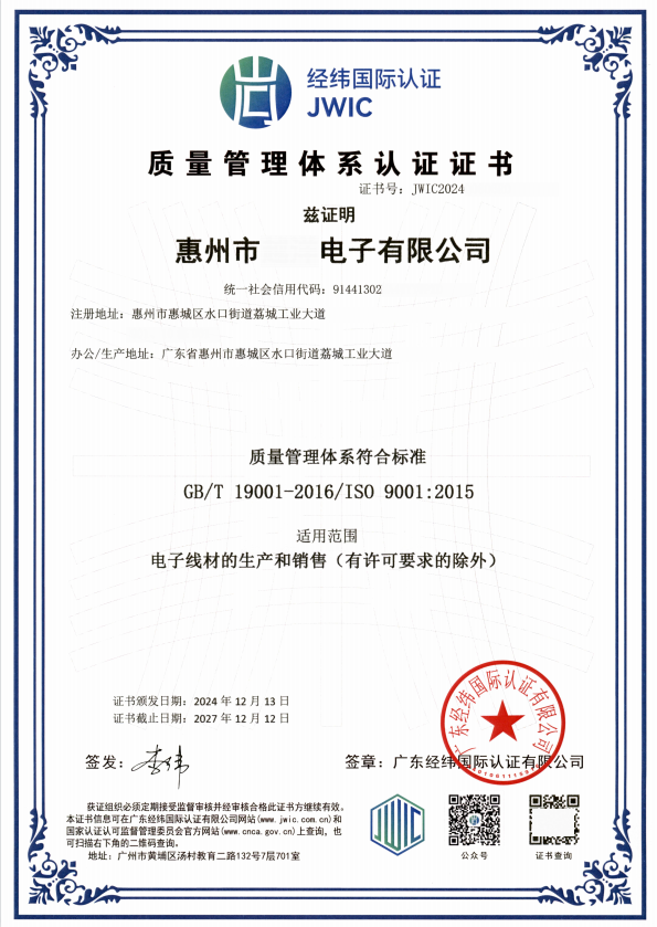 惠州市XX电子有限公司 ISO9001案例